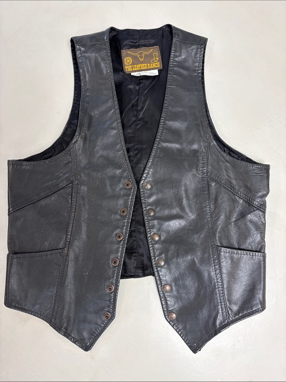 Vintage Black Leather Vest with Button Front